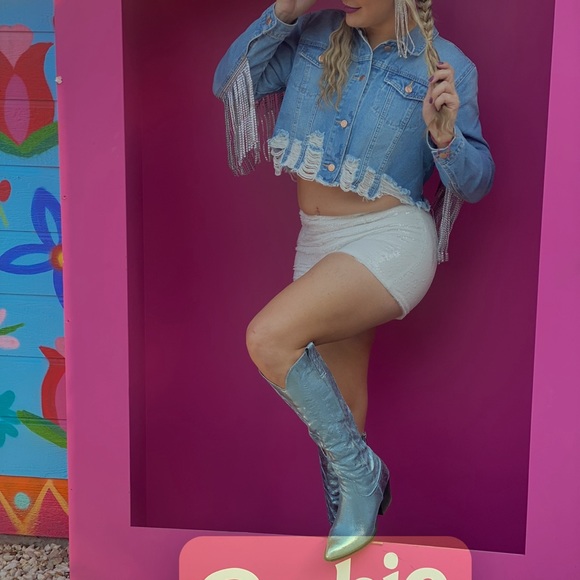 Custom Rhinestone Denim Fringe Jacket - Picture 10 of 17